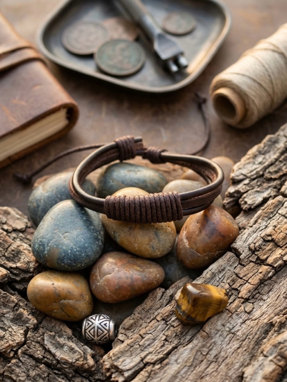 Hand Crafted Brown and Tan Leather Wrap Bracelet